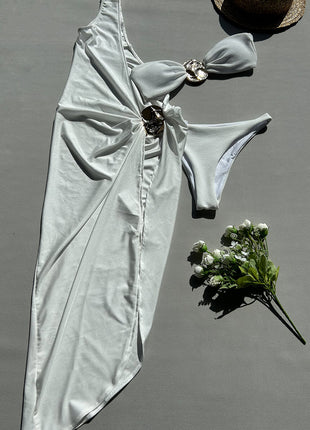 Metal Oyster Decored Bandeau High Leg Bikini Set With Asymmetrical Sarong