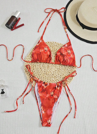 Triangle Halter Adjustable Tie High Cut Bikini Set - Blossom