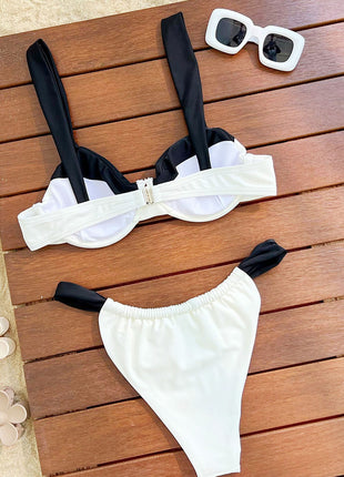 Black & White Two-Tone Balconette Underwire Ruched Bikini Set