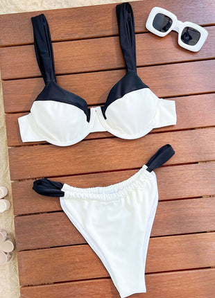 Black & White Two-Tone Balconette Underwire Ruched Bikini Set