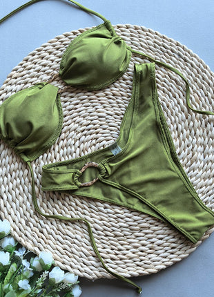 Bandeau Halter Bikini Set With Gold Hardware Detailing