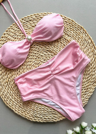 Pearl Accent Bandeau Halterneck High Waisted Bikini Set