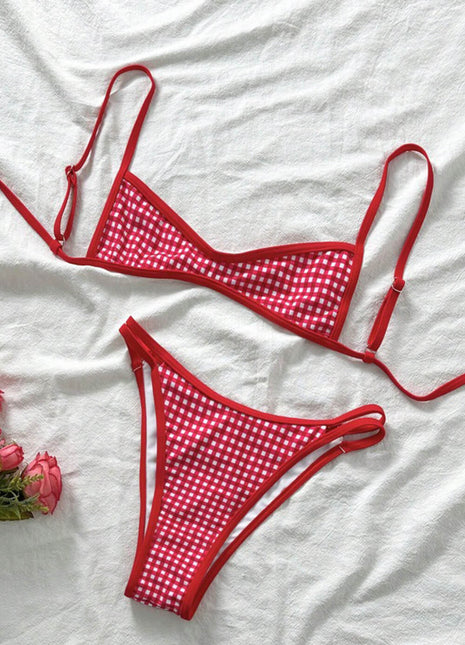 Red Gingham Micro Bralette High-Cut Bikini Set