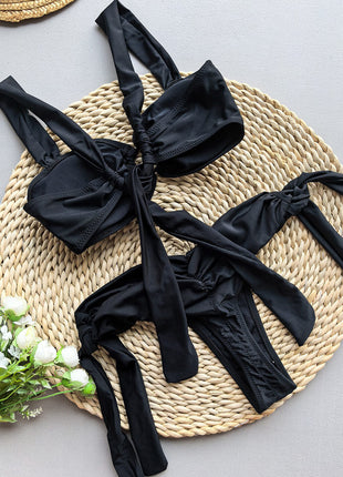 Black O-Ring Front Tie Side Bikini Set