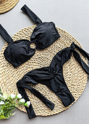 Black O-Ring Front Tie Side Bikini Set