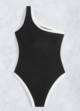 Contrast Trim Colorblock Ribbed One Shoulder One Piece Swimsuit