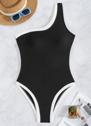 Contrast Trim Colorblock Ribbed One Shoulder One Piece Swimsuit