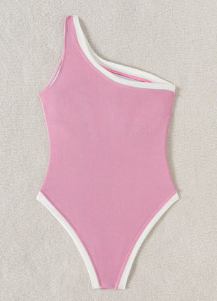 Contrast Trim Colorblock Ribbed One Shoulder One Piece Swimsuit