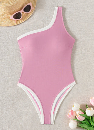 Contrast Trim Colorblock Ribbed One Shoulder One Piece Swimsuit