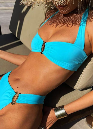 Halterneck Midrise Bikini Set With Metal Hardware Details