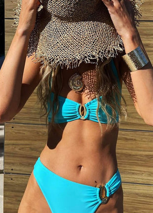 Halterneck Midrise Bikini Set With Metal Hardware Details