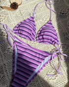 Multi Striped Print Terry Triangle Halter Tie Side Bikini Set