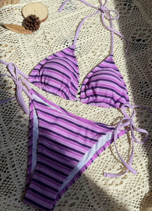 Multi Striped Print Terry Triangle Halter Tie Side Bikini Set