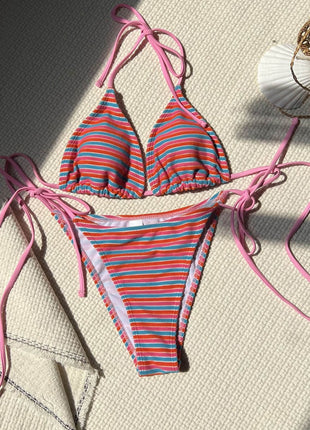 Multi Striped Print Terry Triangle Halter Tie Side Bikini Set