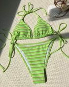 Multi Striped Print Terry Triangle Halter Tie Side Bikini Set
