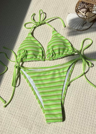 Multi Striped Print Terry Triangle Halter Tie Side Bikini Set