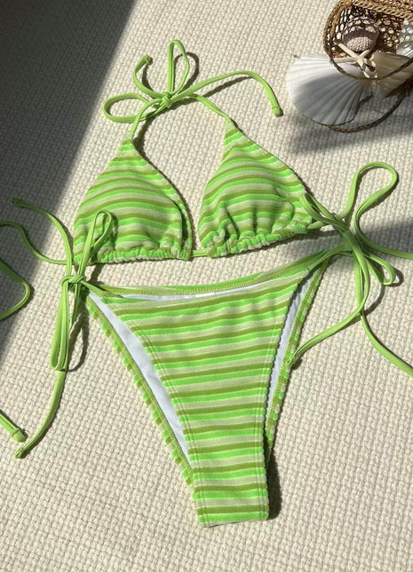 Multi Striped Print Terry Triangle Halter Tie Side Bikini Set
