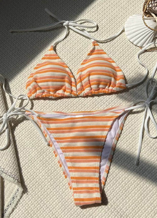 Multi Striped Print Terry Triangle Halter Tie Side Bikini Set
