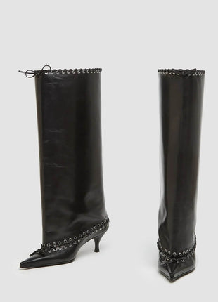 Faux Leather Pointed Toe Laced Eyelet Knee High Boots