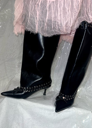 Faux Leather Pointed Toe Laced Eyelet Knee High Boots