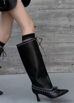 Faux Leather Pointed Toe Laced Eyelet Knee High Boots