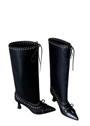 Faux Leather Pointed Toe Laced Eyelet Knee High Boots