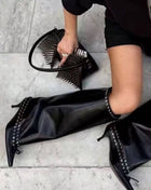 Faux Leather Pointed Toe Laced Eyelet Knee High Boots