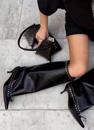 Faux Leather Pointed Toe Laced Eyelet Knee High Boots