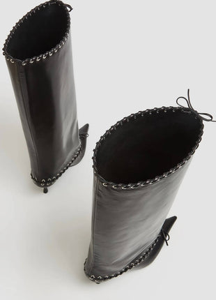 Faux Leather Pointed Toe Laced Eyelet Knee High Boots