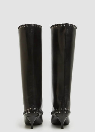 Faux Leather Pointed Toe Laced Eyelet Knee High Boots