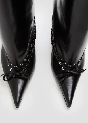 Faux Leather Pointed Toe Laced Eyelet Knee High Boots