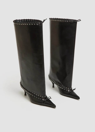 Faux Leather Pointed Toe Laced Eyelet Knee High Boots
