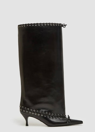 Faux Leather Pointed Toe Laced Eyelet Knee High Boots