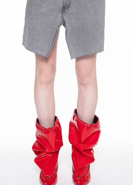 Patent Pointed Toe Ankle Stiletto Boots With Lacing Details