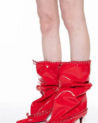 Patent Pointed Toe Ankle Stiletto Boots With Lacing Details