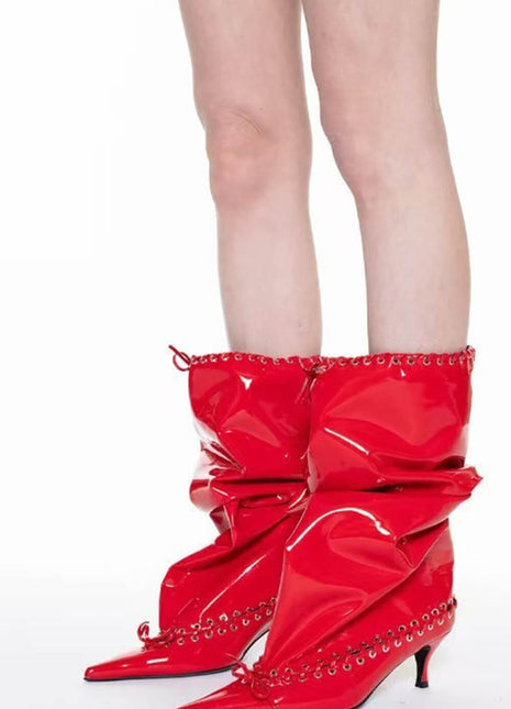 Patent Pointed Toe Ankle Stiletto Boots With Lacing Details