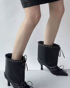 Faux Leather Pointed Toe Ankle Stiletto Boots With Lacing Details