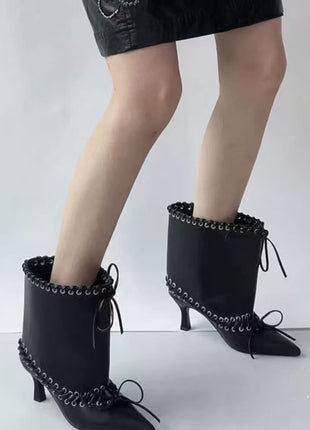 Faux Leather Pointed Toe Ankle Stiletto Boots With Lacing Details