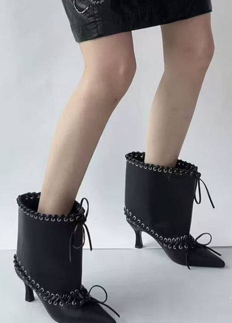 Faux Leather Pointed Toe Ankle Stiletto Boots With Lacing Details