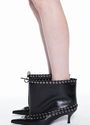 Faux Leather Pointed Toe Ankle Stiletto Boots With Lacing Details