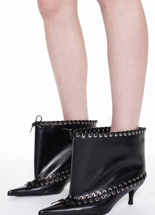 Faux Leather Pointed Toe Ankle Stiletto Boots With Lacing Details