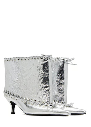 Metallic Pointed Toe Ankle Stiletto Boots With Lacing Details