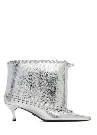 Metallic Pointed Toe Ankle Stiletto Boots With Lacing Details