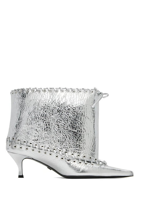 Metallic Pointed Toe Ankle Stiletto Boots With Lacing Details