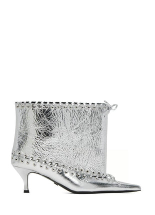 Metallic Pointed Toe Ankle Stiletto Boots With Lacing Details