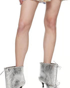 Metallic Pointed Toe Ankle Stiletto Boots With Lacing Details