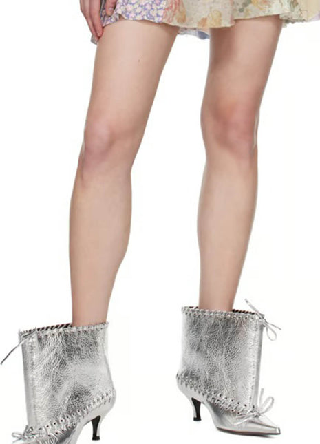 Metallic Pointed Toe Ankle Stiletto Boots With Lacing Details