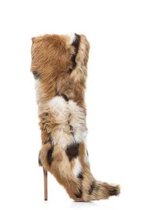 Multicolored Furry Pointed Toe Knee High Stiletto Boots