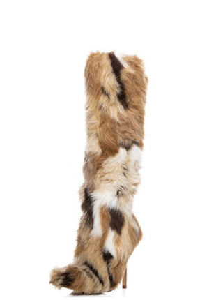 Multicolored Furry Pointed Toe Knee High Stiletto Boots