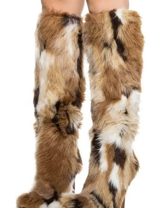 Multicolored Furry Pointed Toe Knee High Stiletto Boots